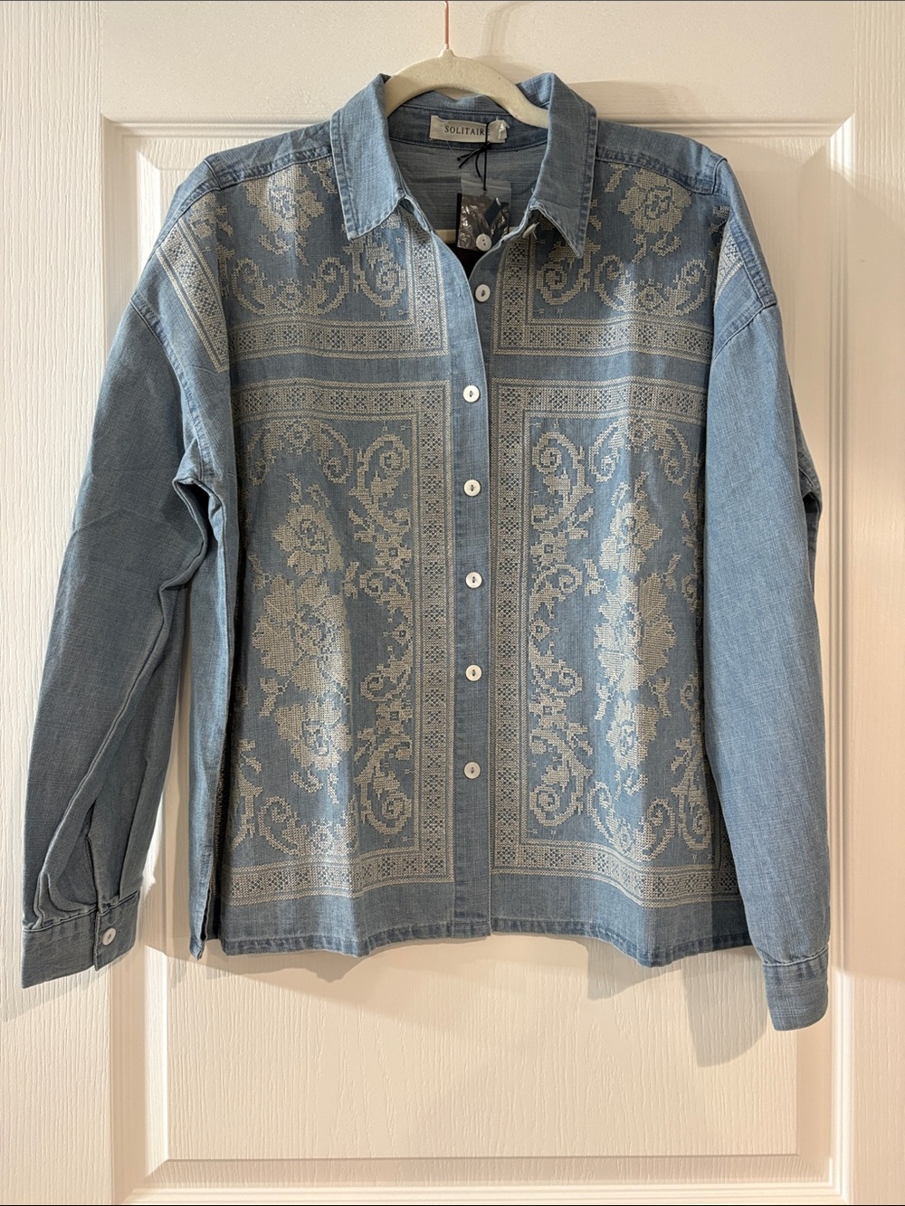 Solitaire Light Blue Denim Shirt with Cream Floral Jacquard